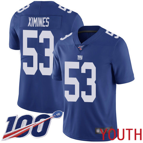 Youth New York Giants 53 Oshane Ximines Royal Blue Team Color Vapor Untouchable Limited Player 100th Season Football NFL Jersey